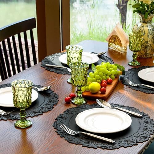 Round Faux Leather Placemats Set of 6, Dining Table Mats, Black