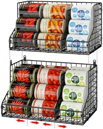 JKsmart 2 Pack Stackable Can Rack Organizer for Pantry Storage,Can Dispensers with 4 Adjustable Dividers, 2-Tier Metal Wire Basket Beverage Pop Soda Rack for Kitchen Cabinet Pantry, Black