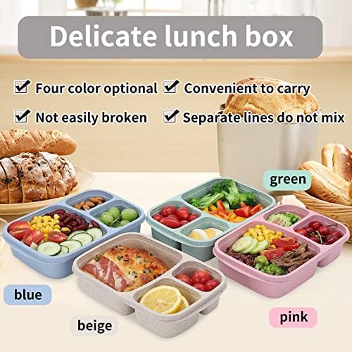 buluker 4 Pack Bento Lunch Box Set 3 Compartment Food Storage