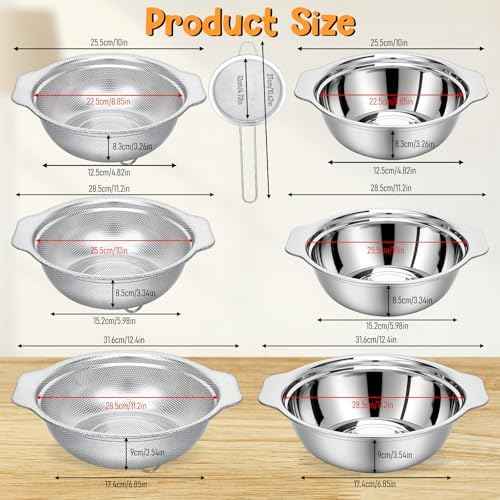 7Pcs Stainless Steel Colander Set, Rice Strainer with Mixing Bowl, 3/4/5QT Large Capacity Microporous Colander with Handle, Mesh Strainer for Washing and Draining Vegetables, Fruit, Dishwasher Safe