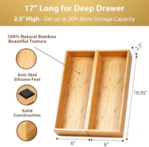 Umilife Bamboo Kitchen Utensils Organizer, Extra Long High Silverware