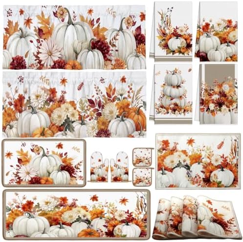 16 Pcs Fall Thanksgiving White Pumpkin Kitchen Decor Accessories Set