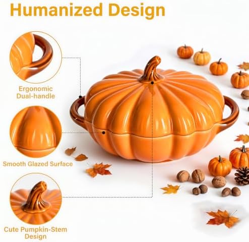 Pumpkin Casserole Dish with Lid, Orange, Oven Safe,8.3" x 2.4"