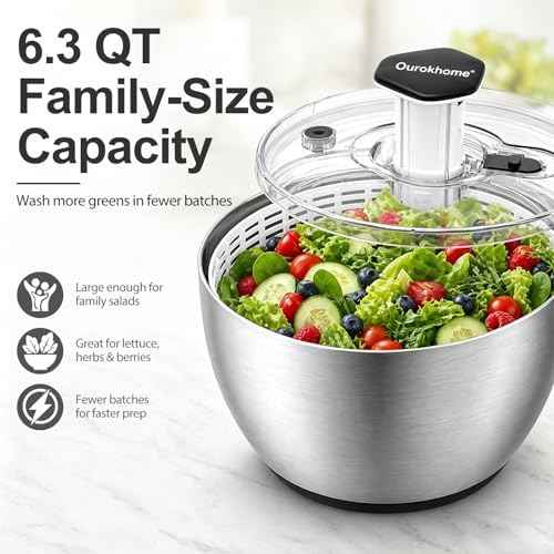 Ourokhome 6.3 QT Stainless Steel Salad Spinner, Large Lettuce Spinner with One-Hand Press Pump, Brake Button, Non-Slip Base and Retractable Handle, Vegetable Washer & Dryer for Greens, Fruits and Herb