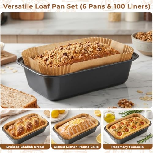 6 Pack Bread Loaf Pan with 100 PCS Loaf Pan Liners, Nonstick