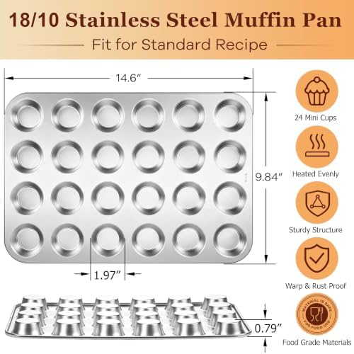 Homikit 18/10 Stainless Steel Mini Muffin Cupcake Pan 24 Cups