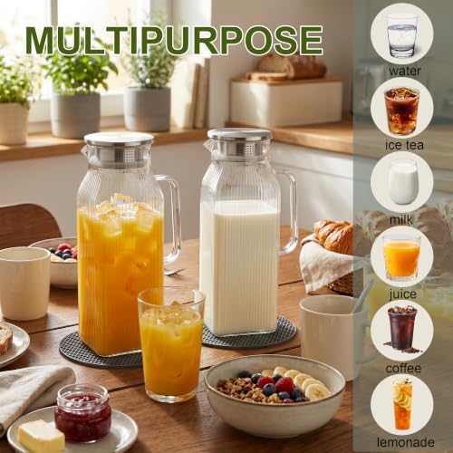 2 Pack 2 Liter/68 oz Glass Pitcher with Lid, Square Glass Water