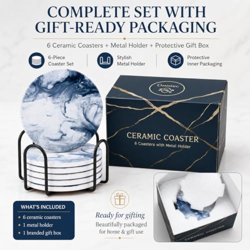 Blue Coasters for Drinks Marble Style,Absorbent Ceramic Coaster with