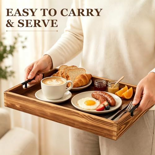 LotFancy Wood Serving Tray with Metal Handles, 17x13 Inch Tray for