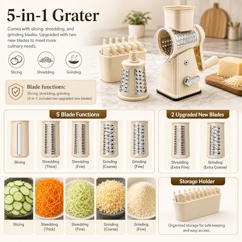 JA&MIU Rotary Cheese Grater with 5 Blades