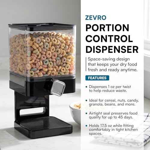 Honey-Can-Do Zevro Compact Single Dry Food Dispenser – Countertop Cereal Dispenser with Portion Control, 17.5 oz Capacity, Airtight BPA-Free Snack Container, Black/Chrome