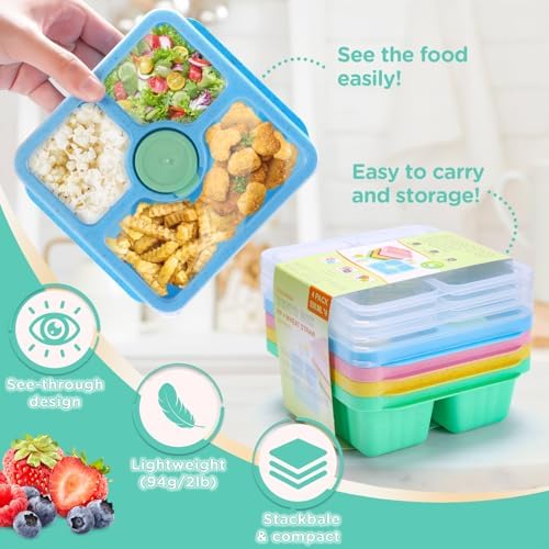 QQKO 4-Pack Divided Bento Snack Boxes with Sauce Cups