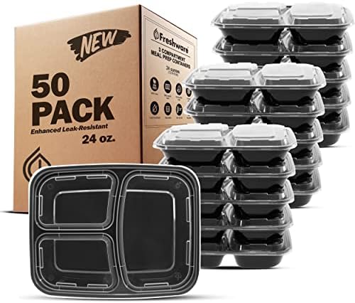 Freshware Meal Prep Containers [50 Pack] 3 Compartment Food Storage