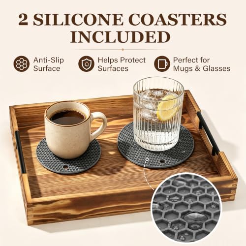 LotFancy Wood Serving Tray with Metal Handles, 17x13 Inch Tray for