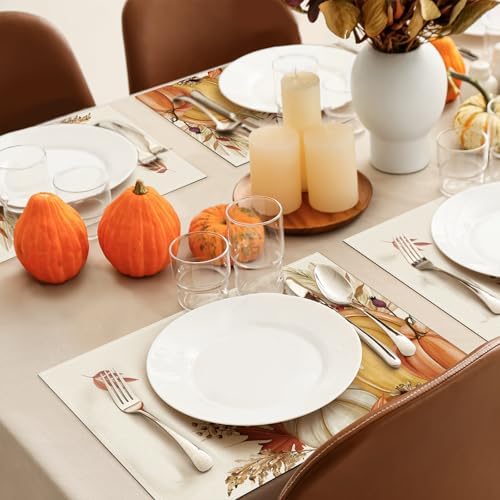 Bonhause Pumpkin Leaves Fall Placemats Set of 4, 12x18 Inch Autumn