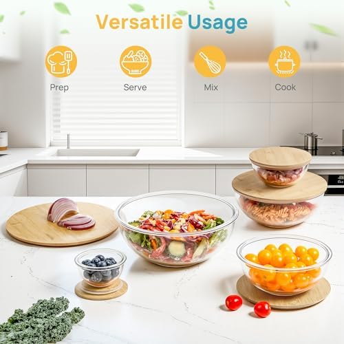 Vtopmart 5 Pack Glass Mixing Bowls with Bamboo Lids, Nesting Set