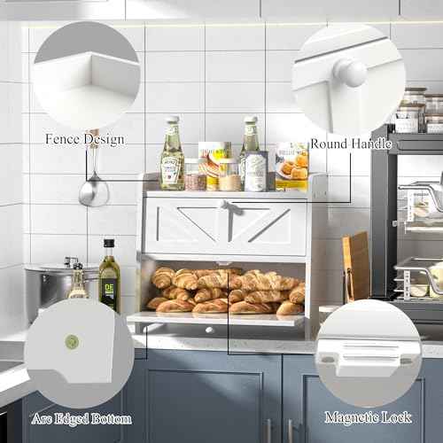 Bread Box for Kitchen Countertop, Double Layer Wooden Breadbox, Large Capacity Bread Storage Bin, Homemade Bread Storage Container, Farmhouse Breadbox Organizer, White