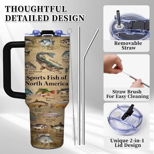 Fish Gifts for Dad, 40oz Tumbler with Handle and Straw, Fishing Gifts