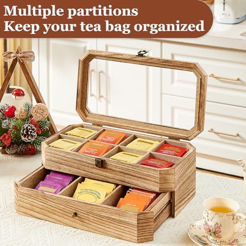 Tea Bag Organizer, Rust Wood 2 Layer Tea Box Organizer Storage