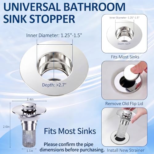 6 Pcs Bathroom Sink Drain Strainer 1.25"/1.5" Drain Hoses 2.6 Inches