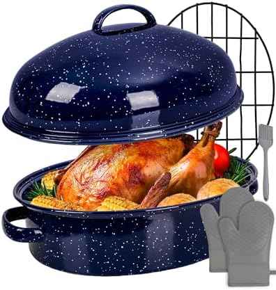 Turkey Roasting Pan with Lid & Rack, 18" Enamel Large Roaster Pan Set
