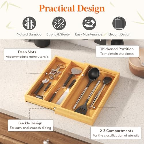 Lifewit Bamboo Kitchen Utensil Drawer Organizer