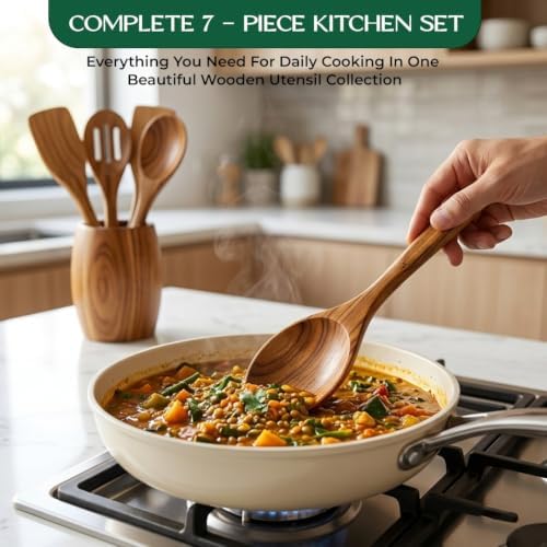 7-Piece Teak Wood Cooking Utensil Set with Holder