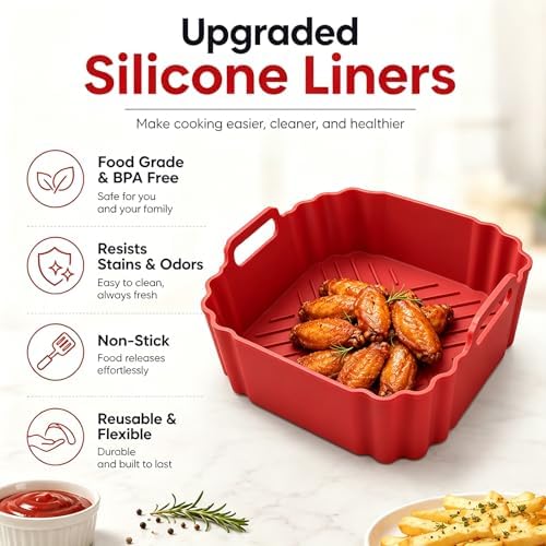 8.5 Inch Square Silicone Air Fryer Liners for Ninja AF141 AF181,2 Pack