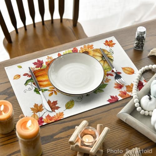 Artoid Mode Pumpkins Maple Leaves Fall Placemats Set of 4, 12x18 Inch