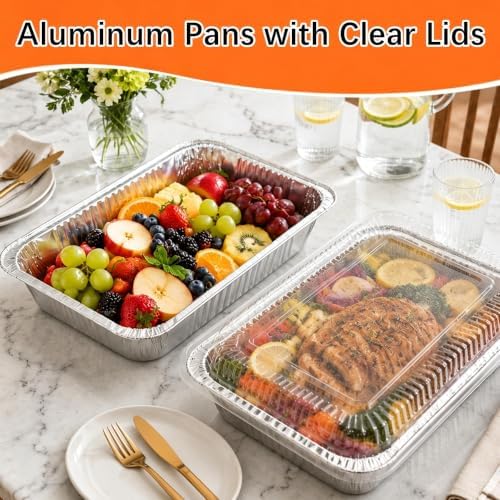 9x13 Inch Aluminum Pans with Clear Lids [25 Sets] Half Size Disposable