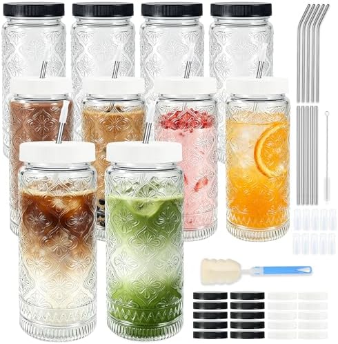 STARSIDE 10 Pack 16oz Glass Juice Bottles with Lids and Straws