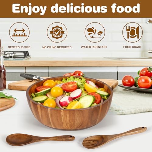 MYRAINBOW Wooden Salad Bowl Set 11.8 Inch – Acacia Large Wood Salad