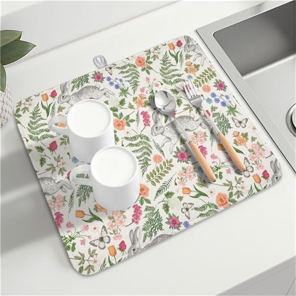 Easter Bunny Dish Drying Mat for Kitchen Counter, Colorful Flowers Sage Green - Image 7