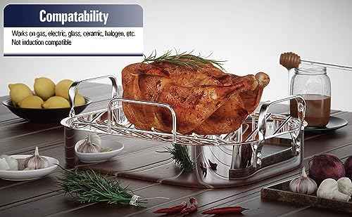 Cooks Standard Classic 14 x 12 Inch Stainless Steel Roaster Pan with V-Shaped Rack, Turkey Roasting Pan with Rack, Large Capacity, Oven and Dishwasher Safe