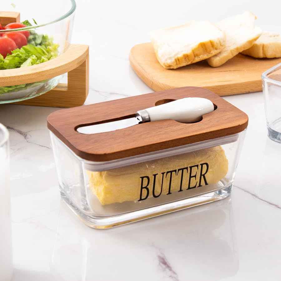 Glass Butter Dish with Acacia Lid & Knife, Covered Butter Holder