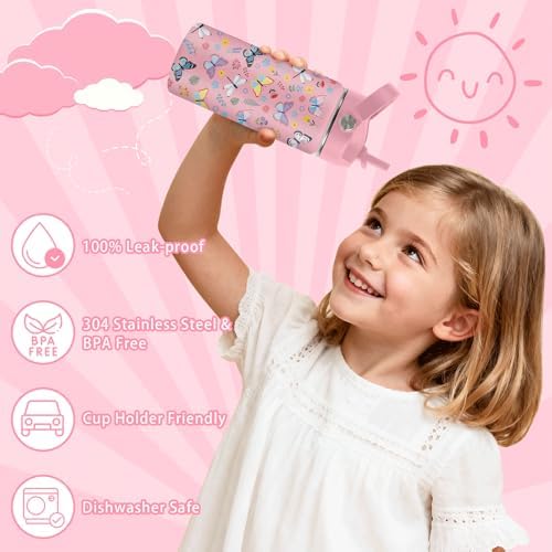Hiboss Butterfly Gifts for Girls, 16oz Pink Butterfly Water Bottle