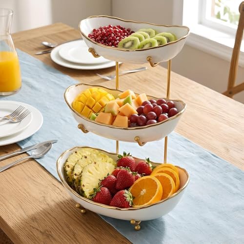 White Ceramic 3 Tier Modern Fruit Bowl with Metal Stand, Tiered Fruit Tray for Kitchen Counter, Snacks Nuts Bread Candy Storage