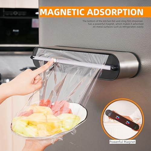 Aluminum Foil & Plastic Wrap Dispenser with Cutter - Magnetic & No-Drill Wall Mount, Stainless Steel Design, Space-Saving Kitchen organizer for Countertops & Cabinets - Fits 12" Rolls, Silver