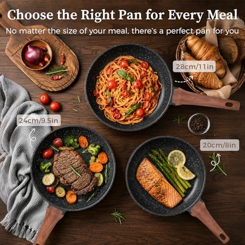 YASHE 3Pcs Granite Nonstick Frying Pan Set(8/9.5/11 inch) Induction Ready