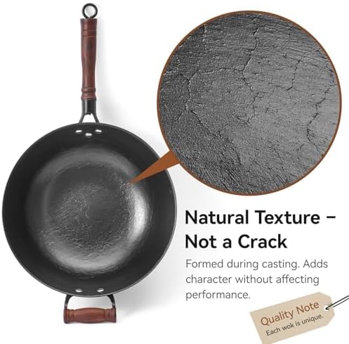 WANGYUANJI 13.4 Inch Cast Iron Wok Pan with Lid, Flat Bottom Uncoated Stir Fry Skillet, Heavy Duty Chinese Iron Pot for Family Cooking, Induction & Gas Stoves Compatible