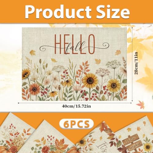 Fall Wildflower Placemats Set of 6, Autumn Place Mats 16x11in