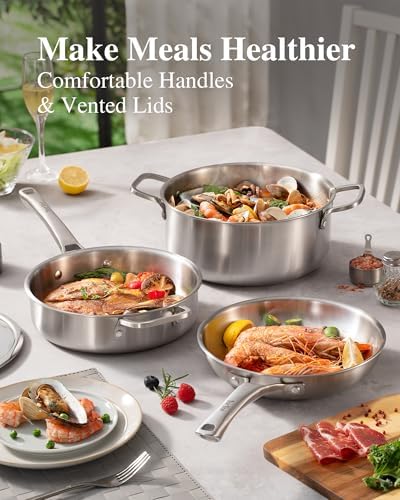 Stainless Steel Cookware Set,Tir-Ply Pots and Pans Set,10 Pcs Stainless Steel Induction Kitchen Cookware Sets,PFOA Free, Frying Pans, Butter warmer,Saute Pan & Stock Pot,Compatible with All Cooktops
