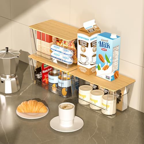 CiWiVOKi 6 Pack Clear Stackable Storage Bins with Bamboo Lids, Trash