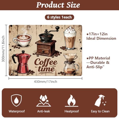 Peacoblue Table Placemats Set of 6,Vintage Coffee Vinyl Place Mats