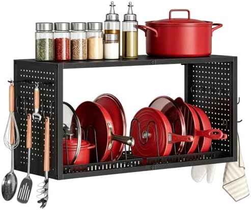 CHOEZON 3 in 1 Pot Rack Wall Mounted, 31 In Pots and Pans Organizer with 12 Hooks, 100 Lbs Capacity Hanging Pot Rack, for Utensil, Sturdy Storage Rack with Pot Lid Holder, for Kitchen, Black TPR30BB