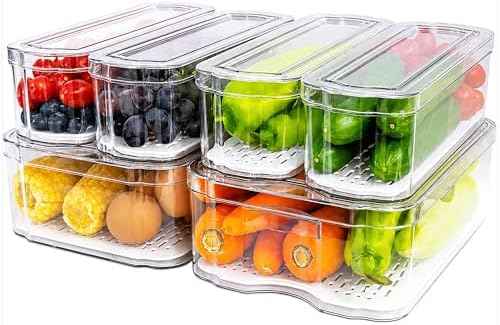 SMRCAD 6 Pack Clear Fridge Organizer Bins with Drain Trays - Stackable