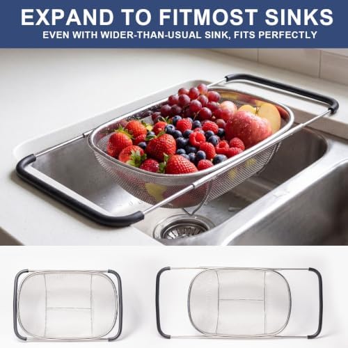 Stainless Steel Over the Sink Colander with Sink Drain Protector, Fine