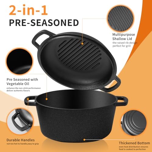 Pre-Seasoned Cast Iron Dutch Oven for Bread Baking, 5QT