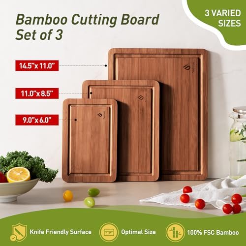 3 Packs Bamboo Cutting Board Set with Non Slip Feet and Over Sink Nice