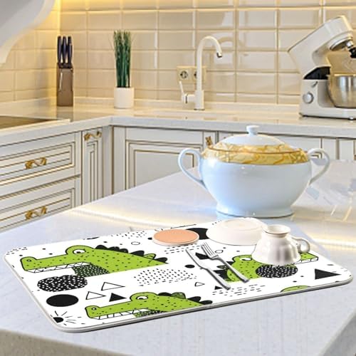 OTVEE Dinosaur Fun Art Dish Drying Mat for Kitchen Counter Absorbent